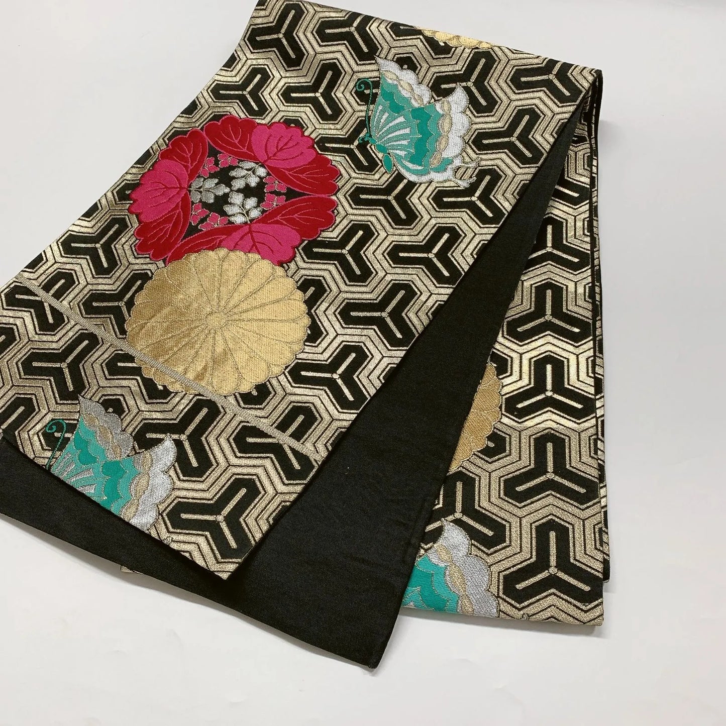 6623# Japanese Vintage Fukuro Obi Belt Kimono Fabric Silk Traditional Black