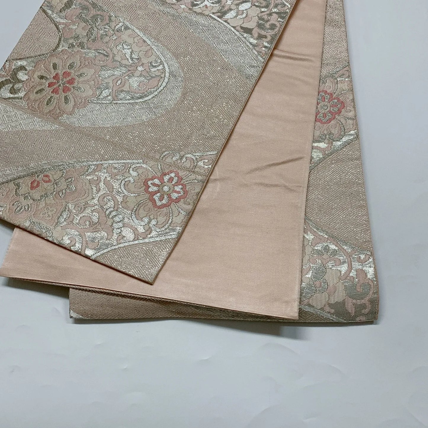 6627# Japanese Vintage Fukuro Obi Belt Kimono Fabric Silk Traditional Silver　