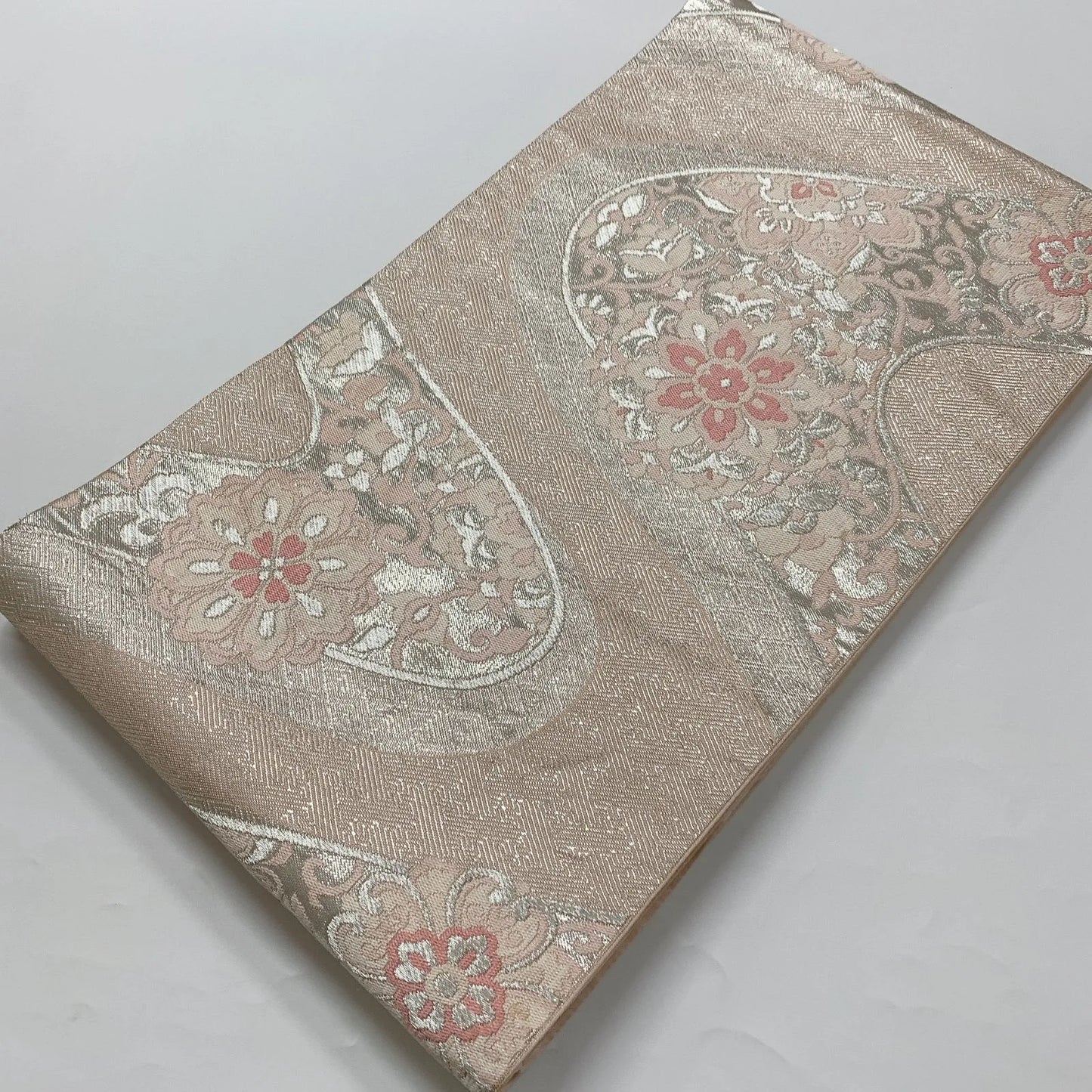 6627# Japanese Vintage Fukuro Obi Belt Kimono Fabric Silk Traditional Silver　