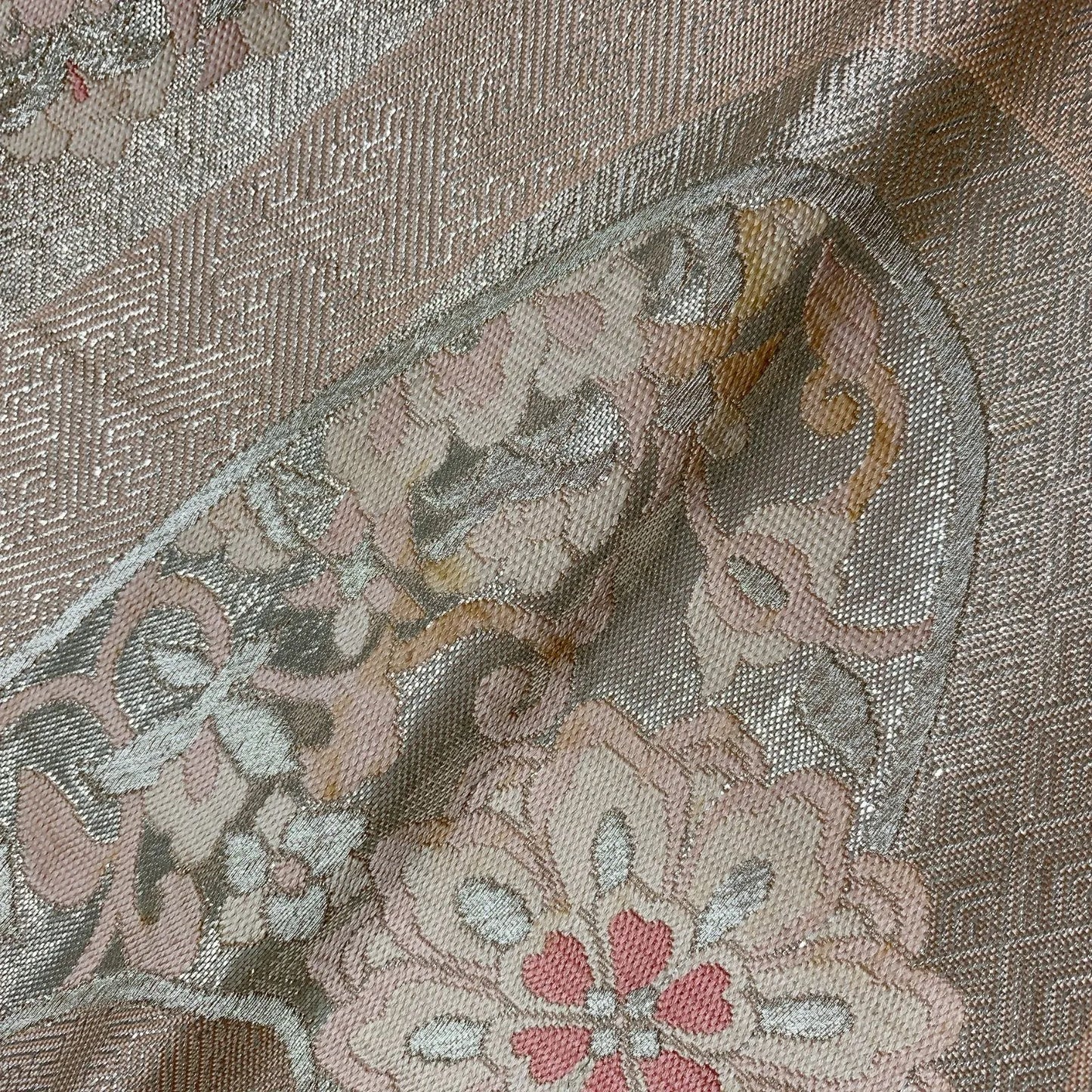 6627# Japanese Vintage Fukuro Obi Belt Kimono Fabric Silk Traditional Silver　