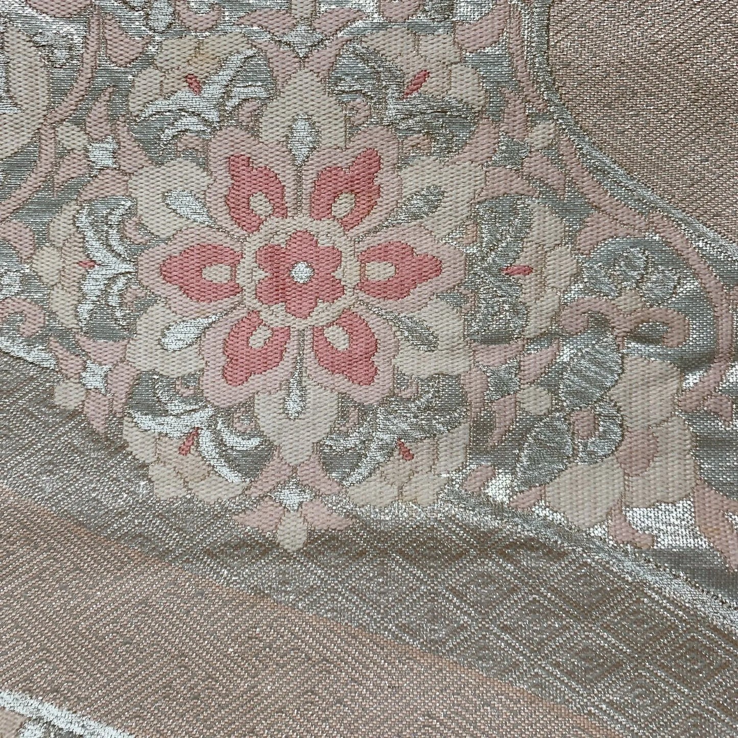 6627# Japanese Vintage Fukuro Obi Belt Kimono Fabric Silk Traditional Silver　