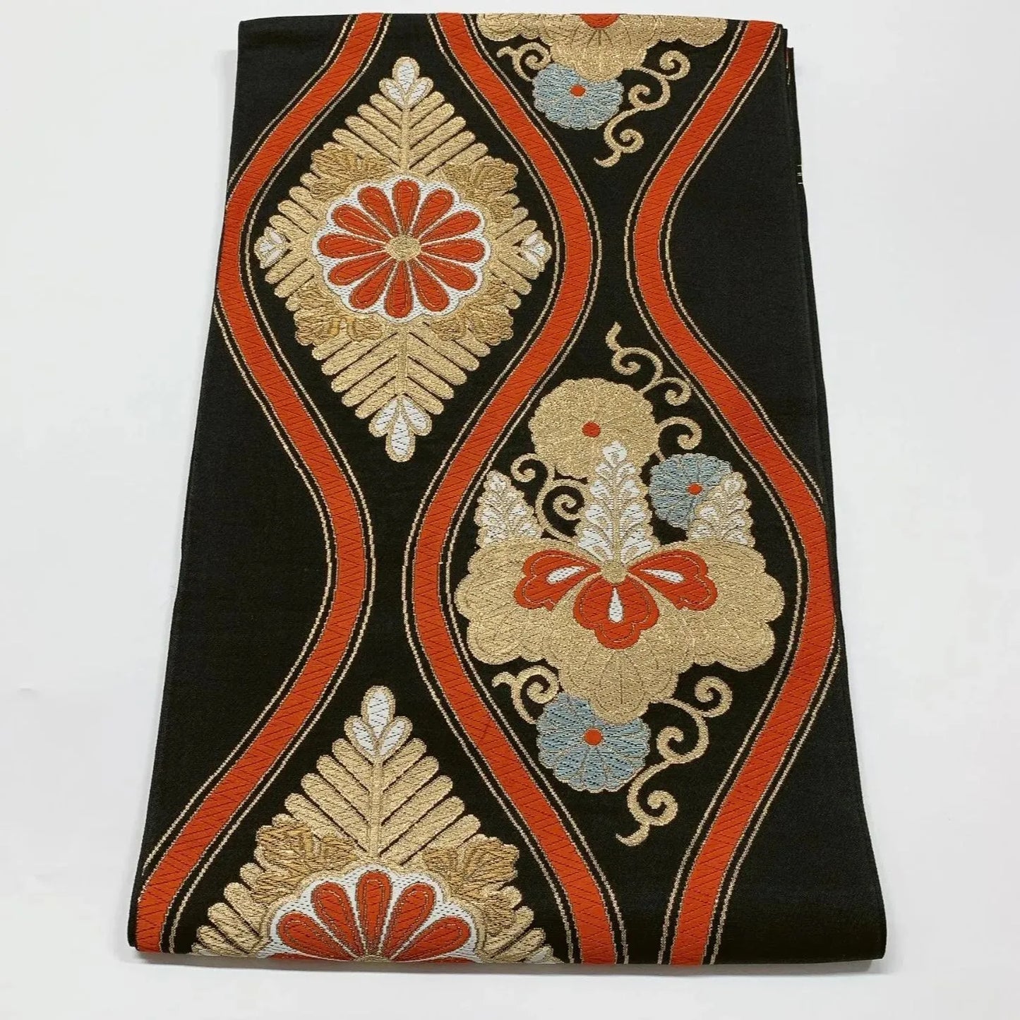 6620# Japanese Vintage Fukuro Obi Belt Kimono Fabric Silk Traditional Black