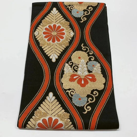 6620# Japanese Vintage Fukuro Obi Belt Kimono Fabric Silk Traditional Black