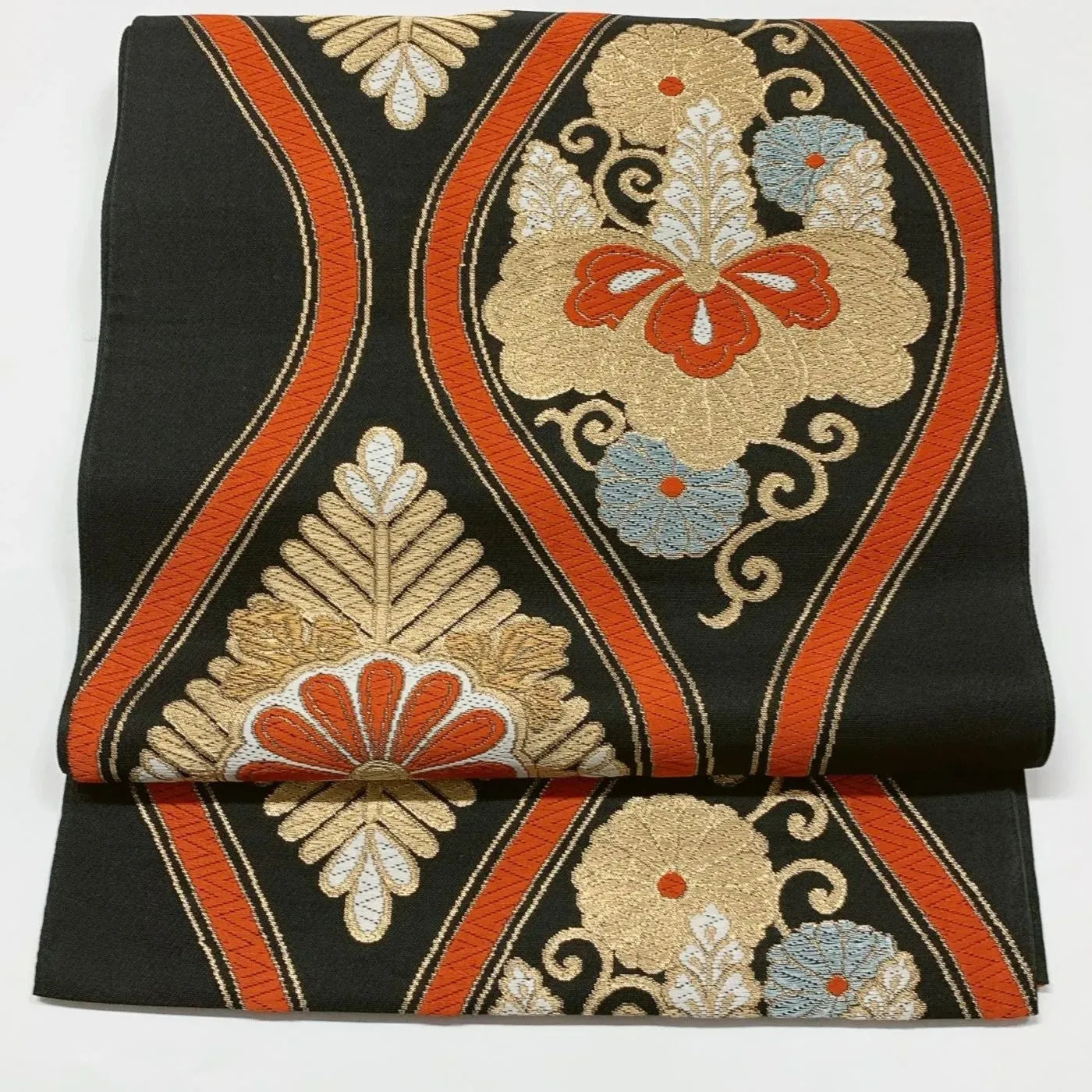 6620# Japanese Vintage Fukuro Obi Belt Kimono Fabric Silk Traditional Black