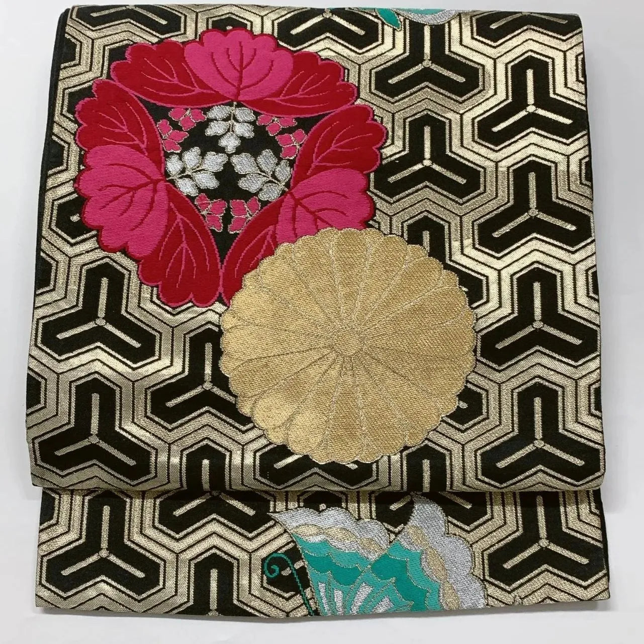 6623# Japanese Vintage Fukuro Obi Belt Kimono Fabric Silk Traditional Black