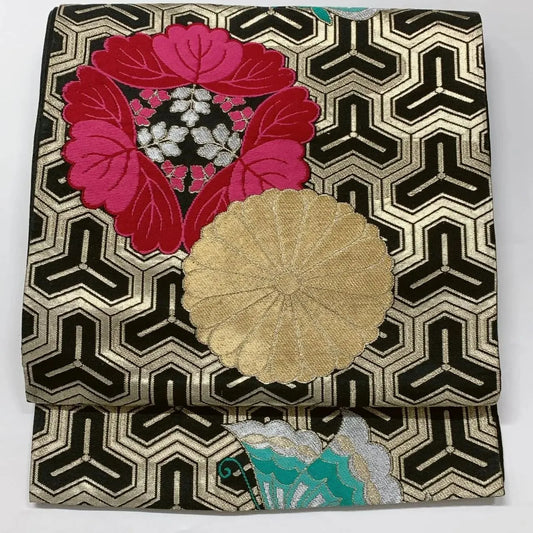 6623# Japanese Vintage Fukuro Obi Belt Kimono Fabric Silk Traditional Black