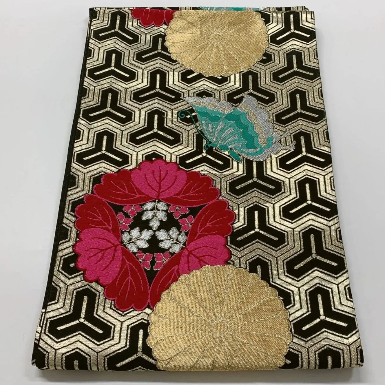 6623# Japanese Vintage Fukuro Obi Belt Kimono Fabric Silk Traditional Black