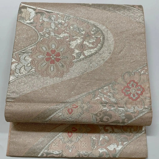 6627# Japanese Vintage Fukuro Obi Belt Kimono Fabric Silk Traditional Silver　
