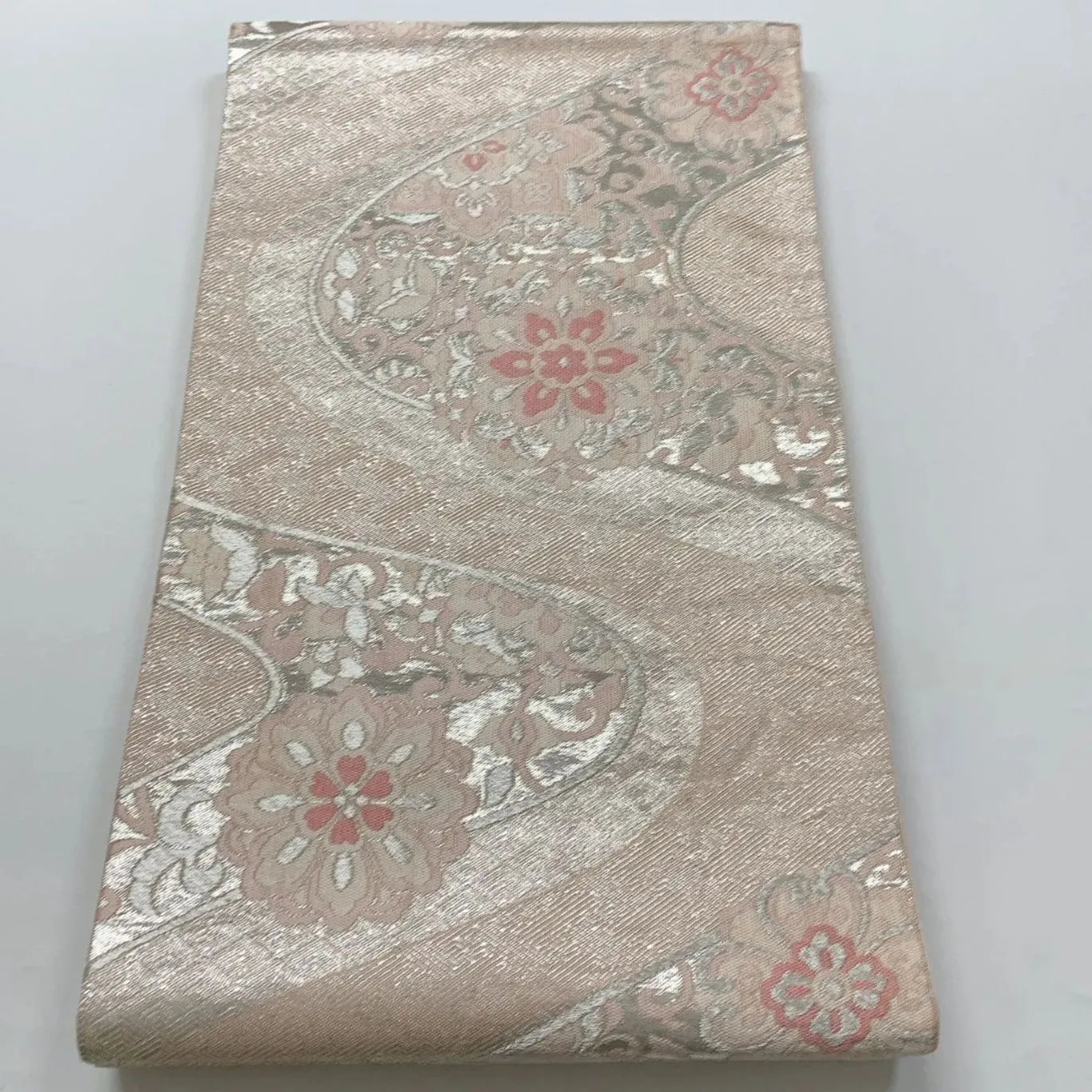 6627# Japanese Vintage Fukuro Obi Belt Kimono Fabric Silk Traditional Silver　