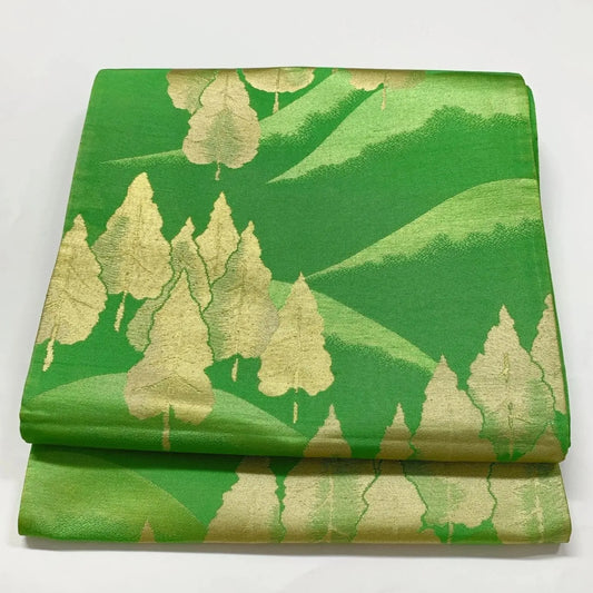 6633# Japanese Vintage Fukuro Obi Belt Kimono Fabric Silk Traditional Green