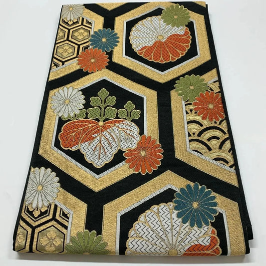 6634# Japanese Vintage Fukuro Obi Belt Kimono Fabric Silk Traditional Black
