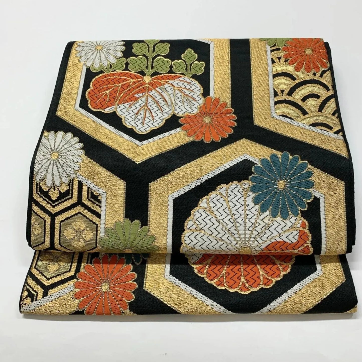 6634# Japanese Vintage Fukuro Obi Belt Kimono Fabric Silk Traditional Black