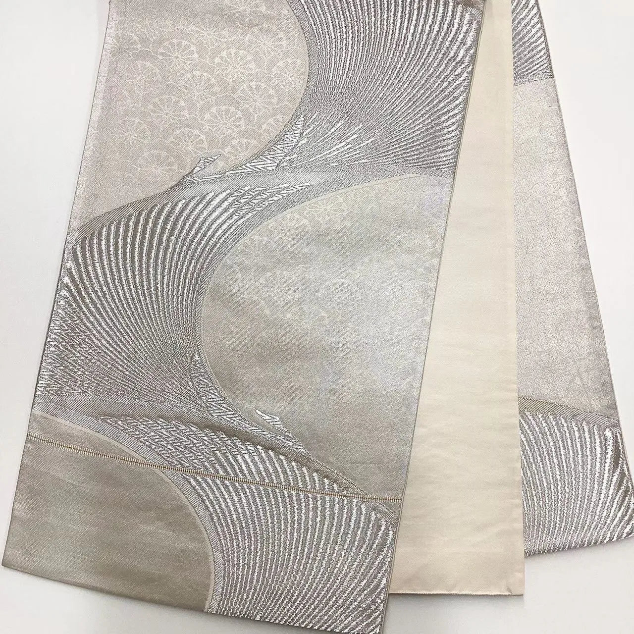 6660# Japanese Vintage Fukuro Obi Belt Kimono Fabric Silk Traditional Silver