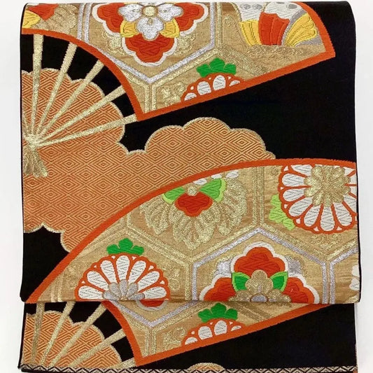 6652# Japanese Vintage Fukuro Obi Belt Kimono Fabric Silk Traditional Black