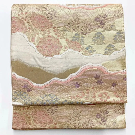 6657# Japanese Vintage Fukuro Obi Belt Kimono Fabric Silk Traditional Gold