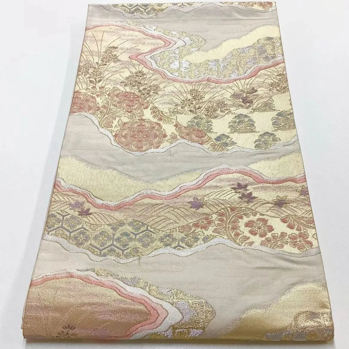 6657# Japanese Vintage Fukuro Obi Belt Kimono Fabric Silk Traditional Gold