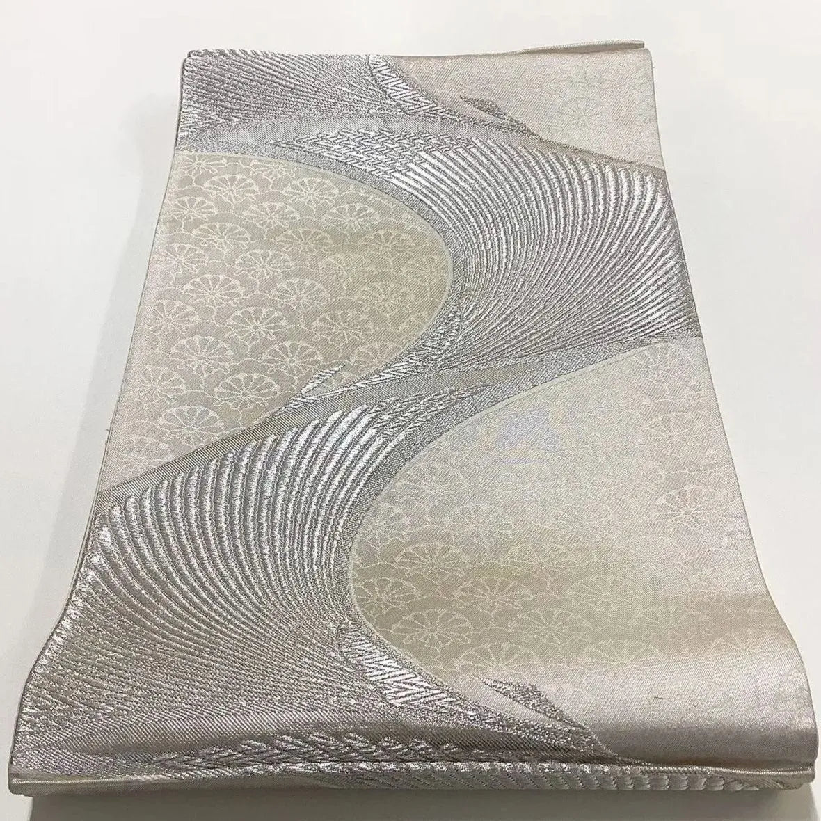 6660# Japanese Vintage Fukuro Obi Belt Kimono Fabric Silk Traditional Silver