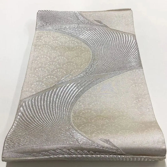 6660# Japanese Vintage Fukuro Obi Belt Kimono Fabric Silk Traditional Silver