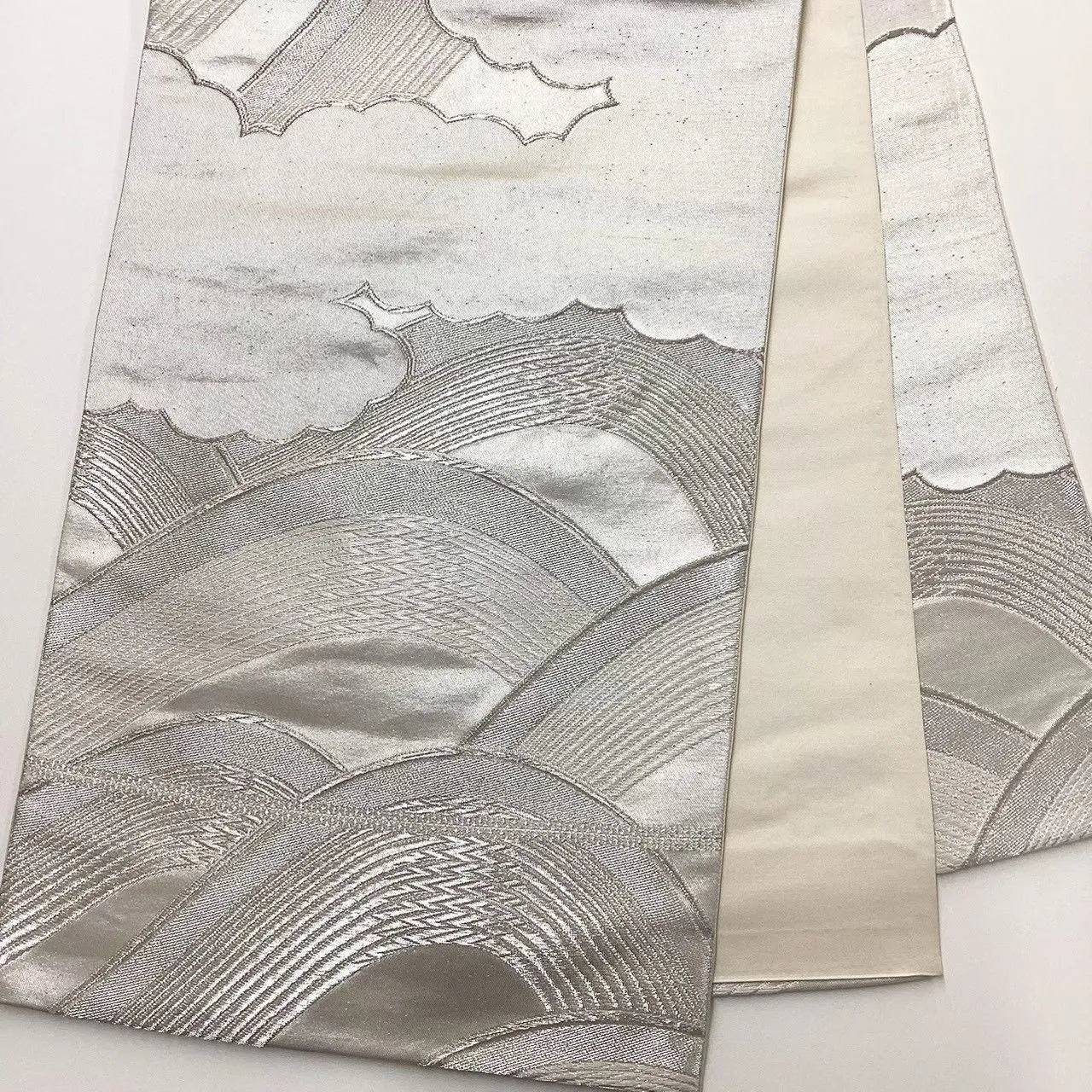 6669# Japanese Vintage Fukuro Obi Belt Kimono Fabric Silk Traditional Silver