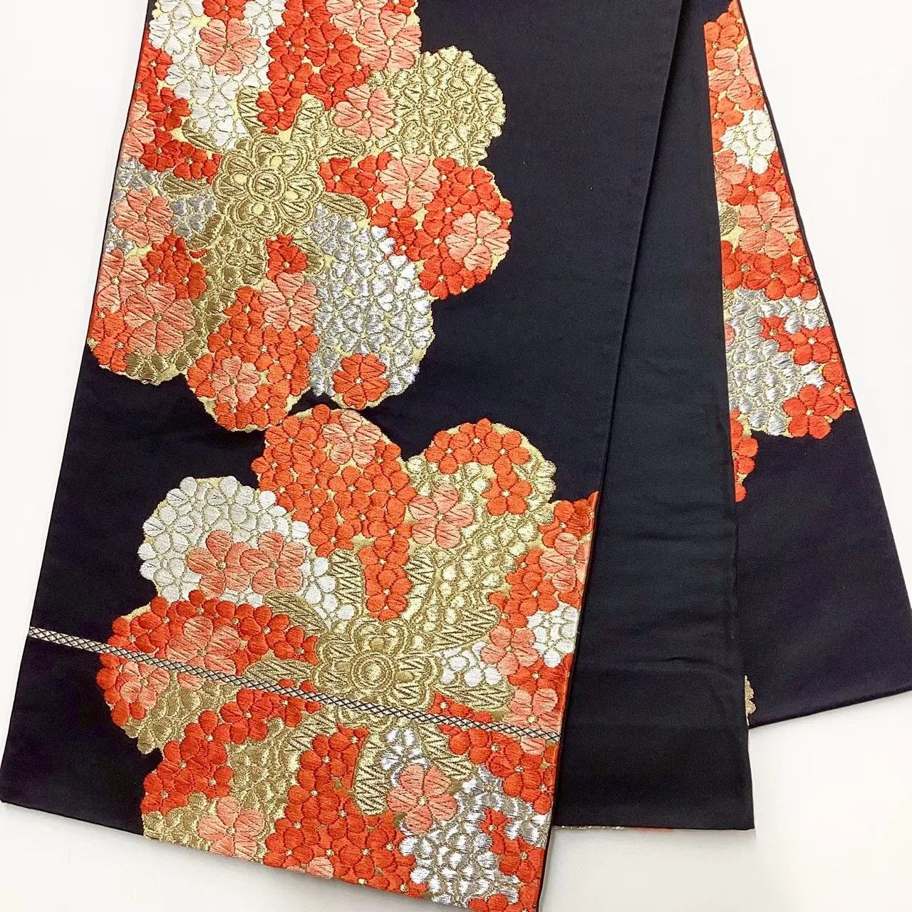 6670# Japanese Vintage Fukuro Obi Belt Kimono Fabric Silk Traditional Black