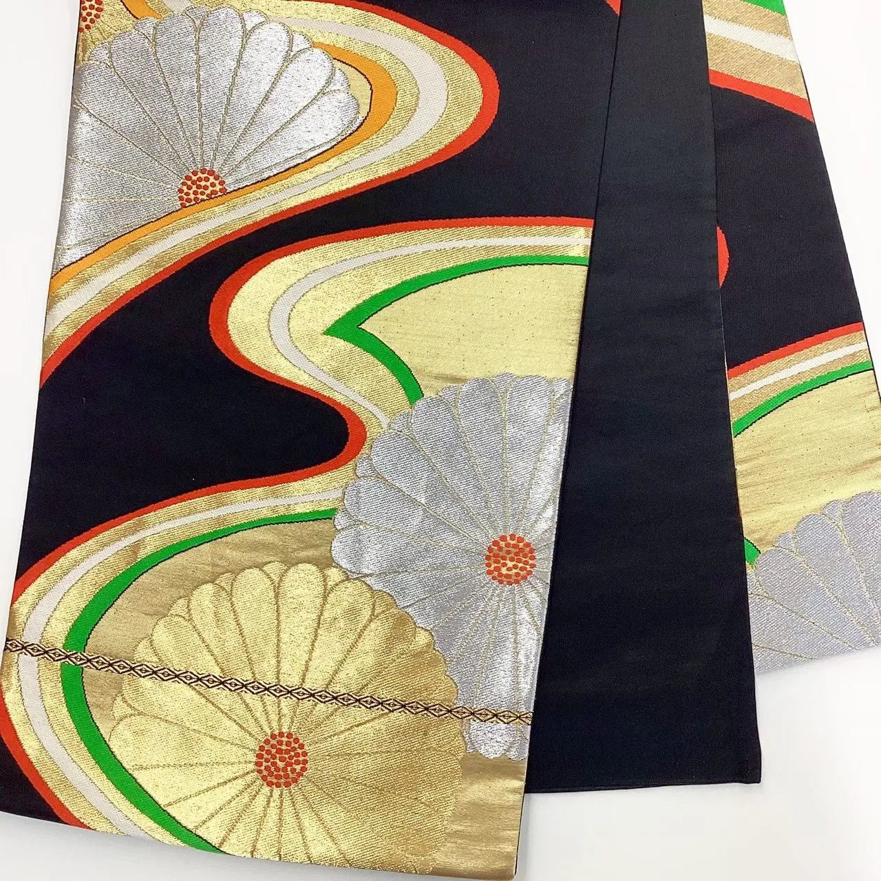 6672# Japanese Vintage Fukuro Obi Belt Kimono Fabric Silk Traditional Black