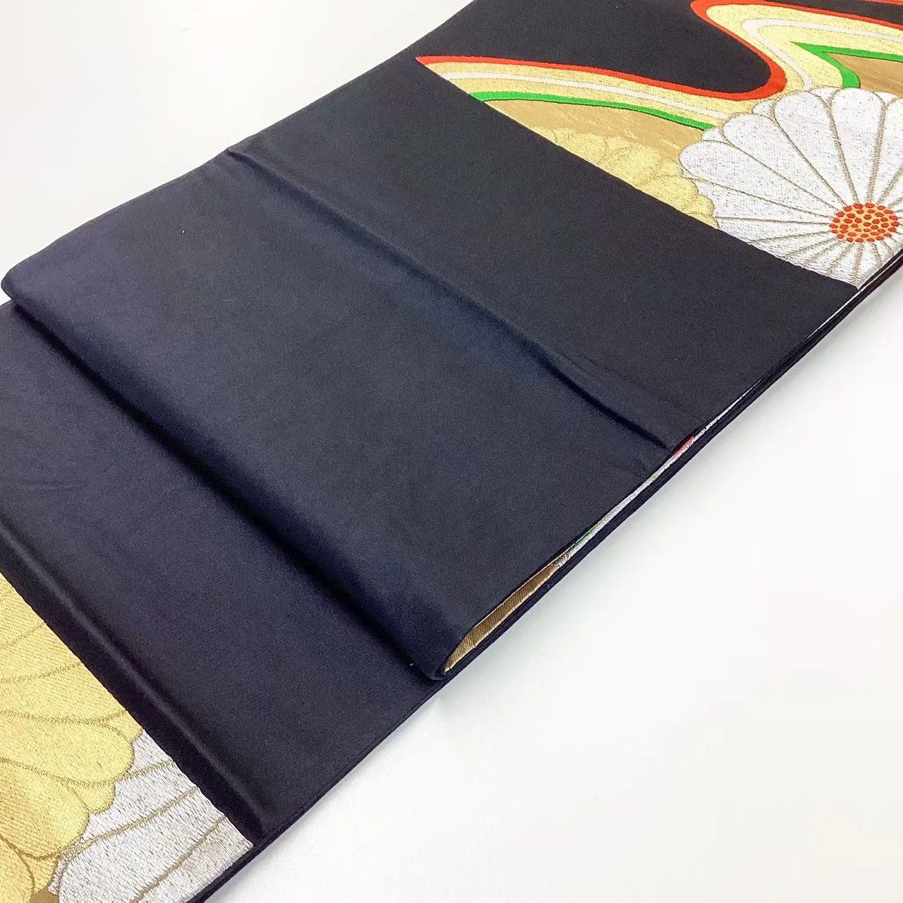 6672# Japanese Vintage Fukuro Obi Belt Kimono Fabric Silk Traditional Black