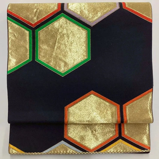 6663# Japanese Vintage Fukuro Obi Belt Kimono Fabric Silk Traditional Black