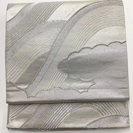 6669# Japanese Vintage Fukuro Obi Belt Kimono Fabric Silk Traditional Silver