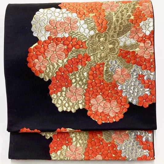 6670# Japanese Vintage Fukuro Obi Belt Kimono Fabric Silk Traditional Black