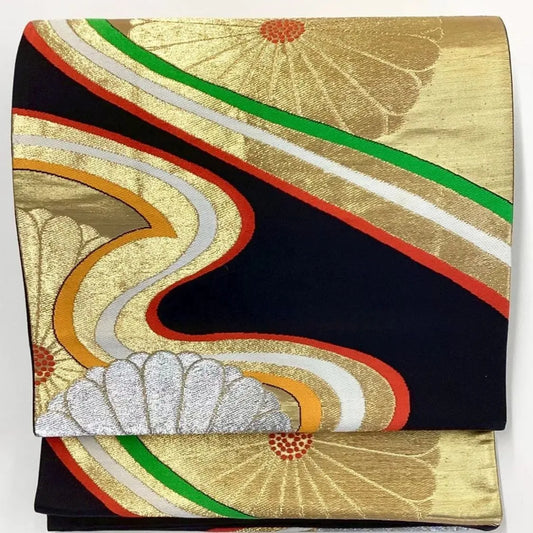 6672# Japanese Vintage Fukuro Obi Belt Kimono Fabric Silk Traditional Black