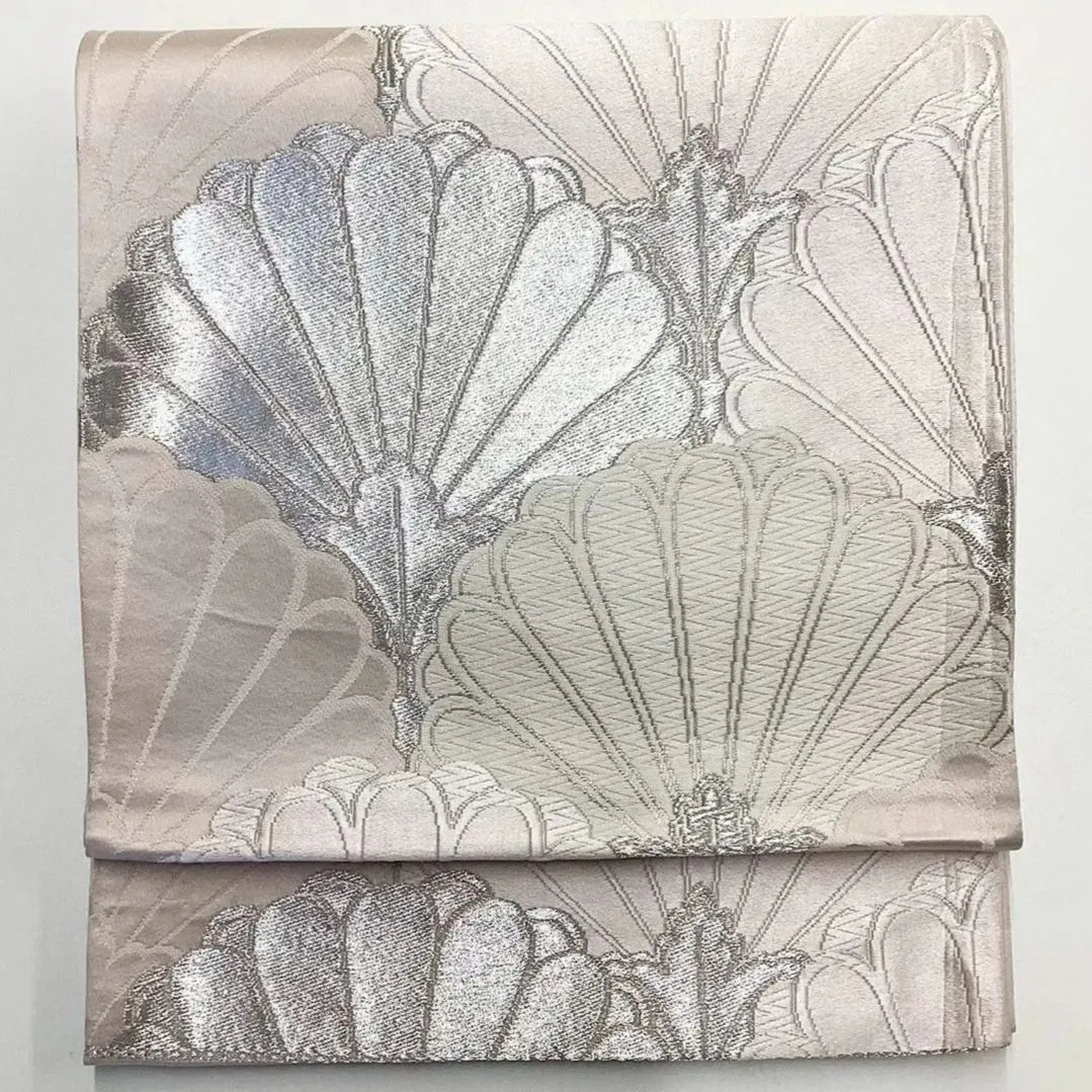 6676# Japanese Vintage Fukuro Obi Belt Kimono Fabric Silk Traditional Silver