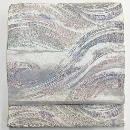 6677# Japanese Vintage Fukuro Obi Belt Kimono Fabric Silk Traditional Silver