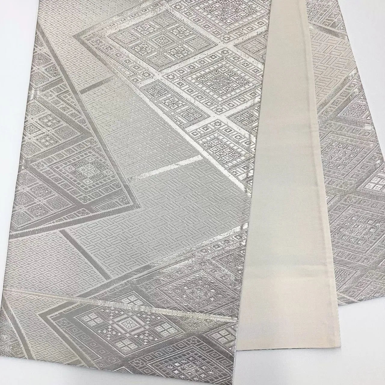 6688# Japanese Vintage Fukuro Obi Belt Kimono Fabric Silk Traditional Silver　