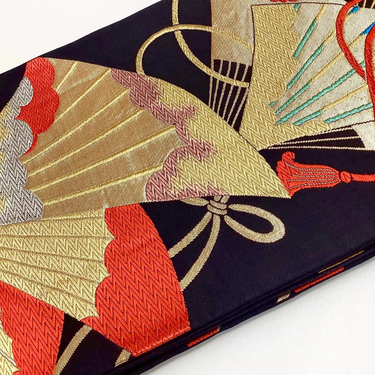 6694# Japanese Vintage Fukuro Obi Belt Kimono Fabric Silk Traditional Black