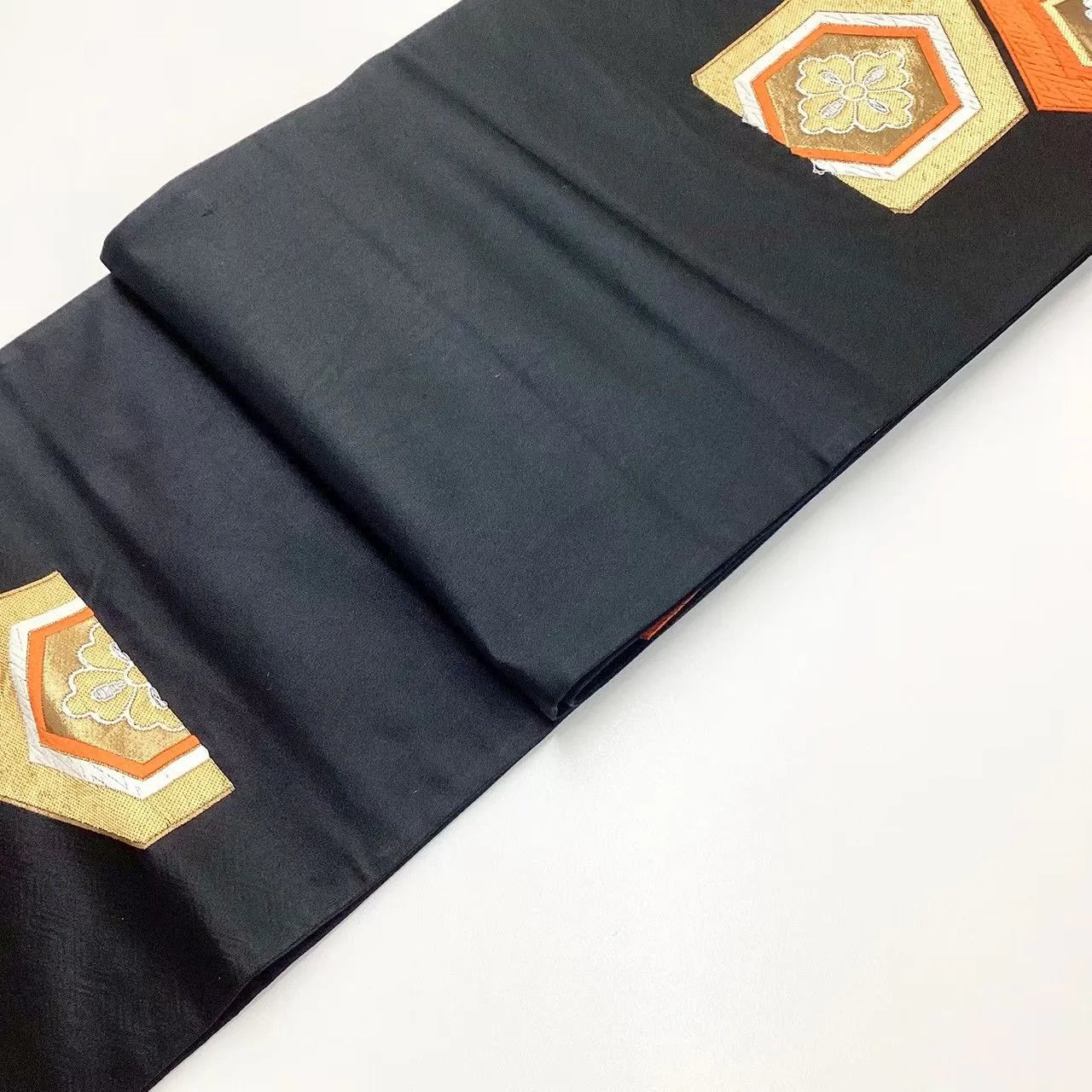 6695# Japanese Vintage Fukuro Obi Belt Kimono Fabric Silk Traditional Black