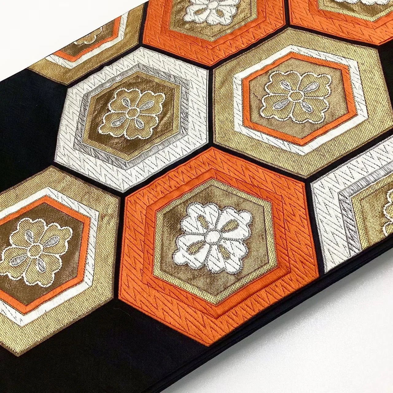 6695# Japanese Vintage Fukuro Obi Belt Kimono Fabric Silk Traditional Black