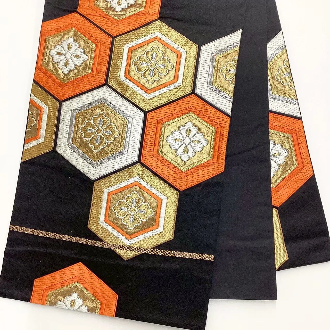 6695# Japanese Vintage Fukuro Obi Belt Kimono Fabric Silk Traditional Black