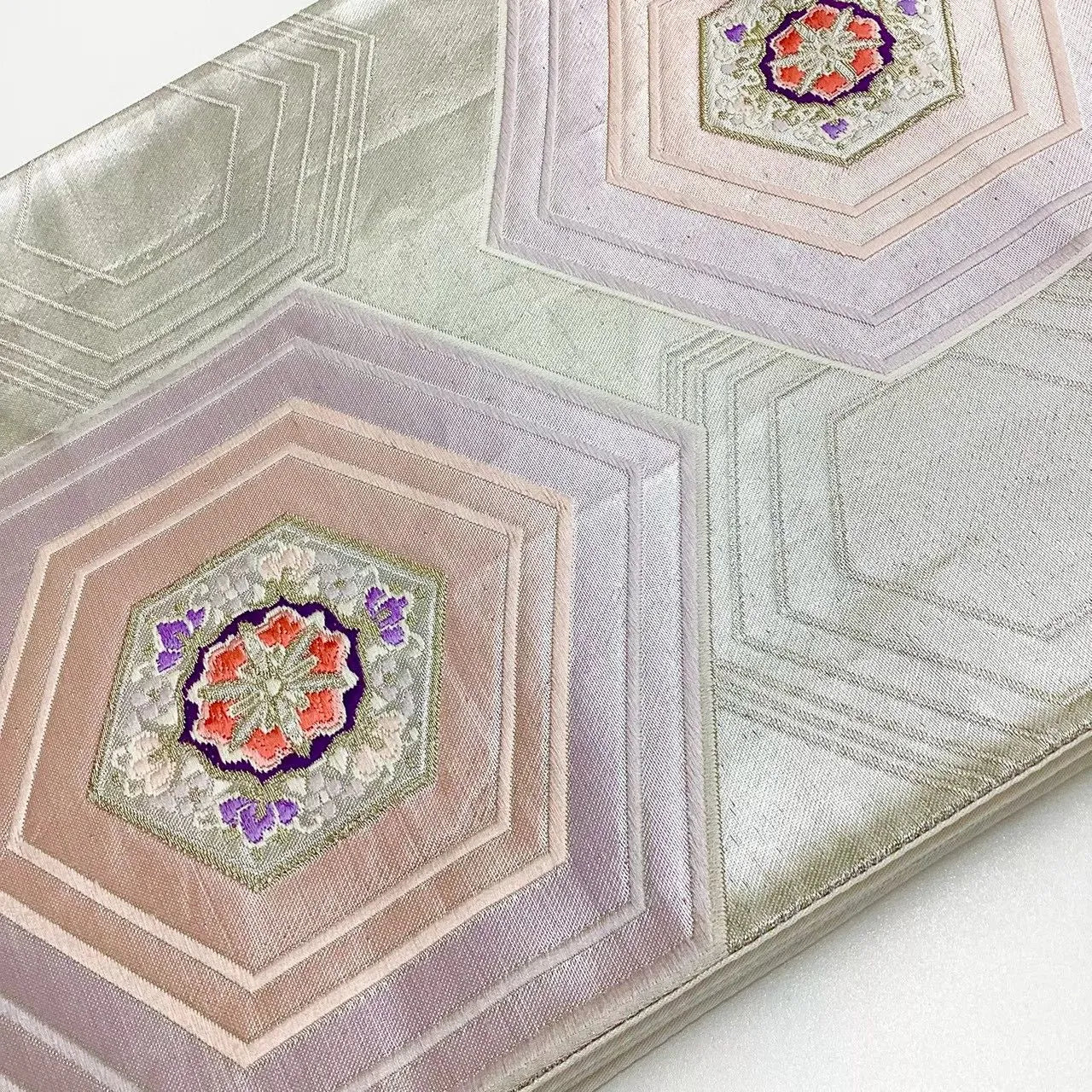 6696# Japanese Vintage Fukuro Obi Belt Kimono Fabric Silk Traditional Silver