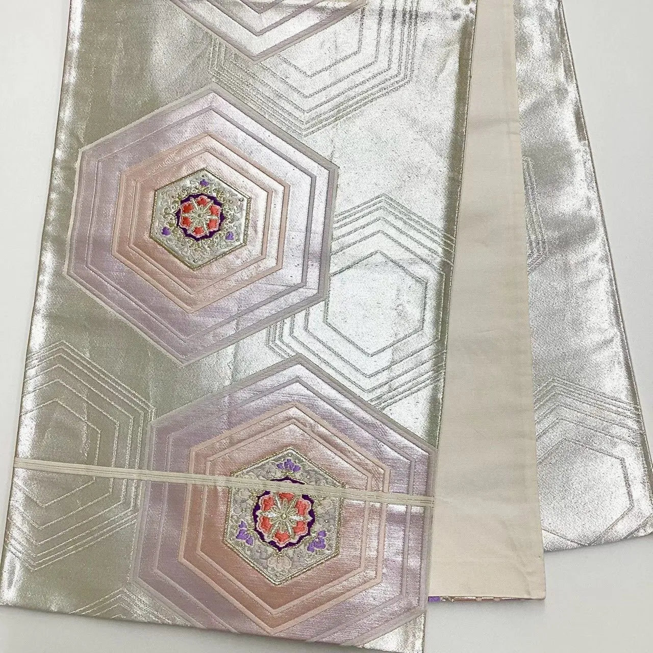 6696# Japanese Vintage Fukuro Obi Belt Kimono Fabric Silk Traditional Silver