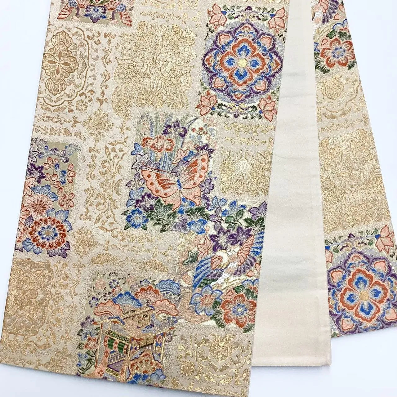 6699# Japanese Vintage Fukuro Obi Belt Kimono Fabric Silk Traditional Gold