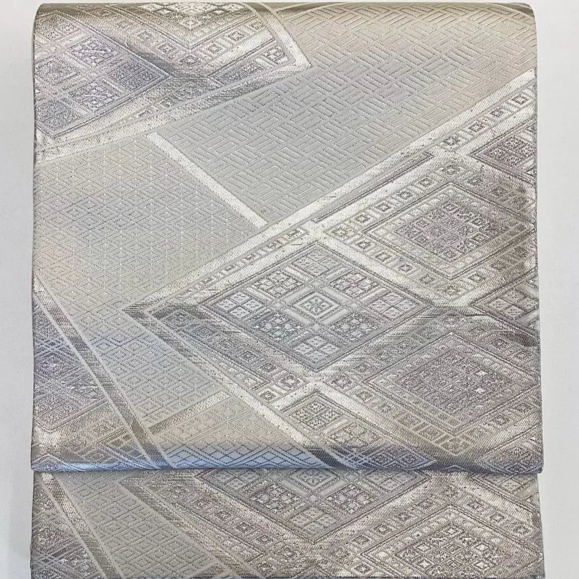 6688# Japanese Vintage Fukuro Obi Belt Kimono Fabric Silk Traditional Silver　