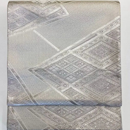 6688# Japanese Vintage Fukuro Obi Belt Kimono Fabric Silk Traditional Silver　