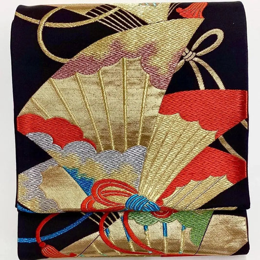 6694# Japanese Vintage Fukuro Obi Belt Kimono Fabric Silk Traditional Black
