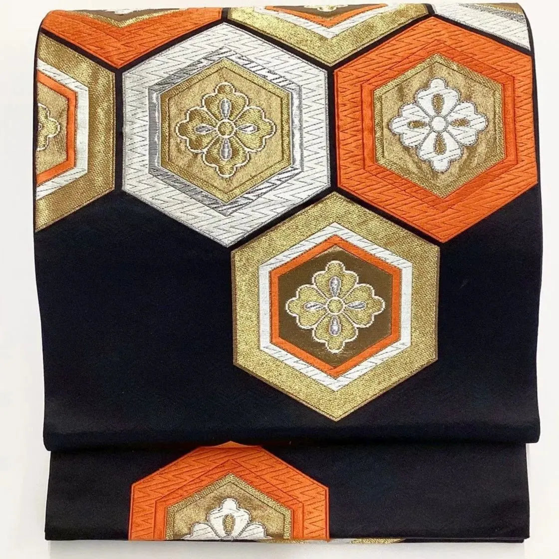 6695# Japanese Vintage Fukuro Obi Belt Kimono Fabric Silk Traditional Black