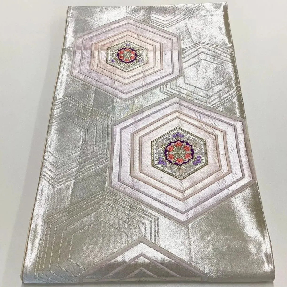 6696# Japanese Vintage Fukuro Obi Belt Kimono Fabric Silk Traditional Silver