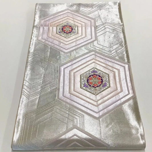 6696# Japanese Vintage Fukuro Obi Belt Kimono Fabric Silk Traditional Silver