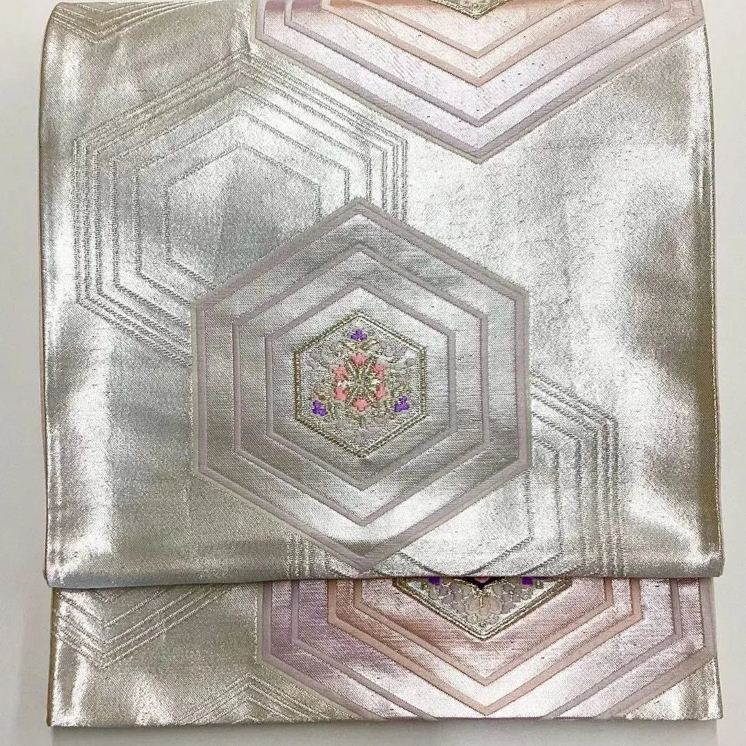 6696# Japanese Vintage Fukuro Obi Belt Kimono Fabric Silk Traditional Silver