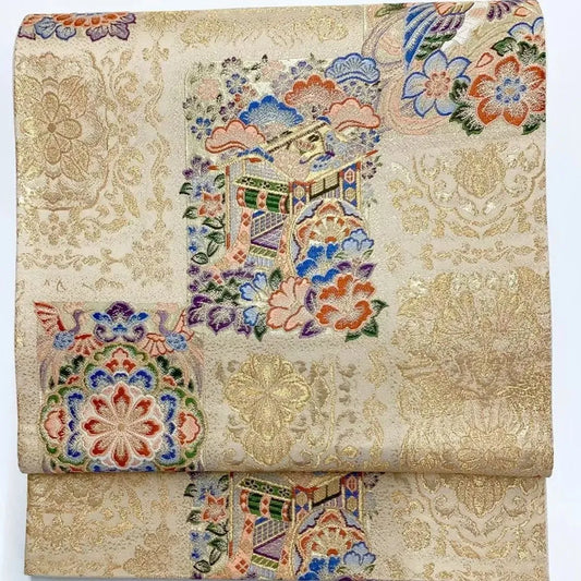 6699# Japanese Vintage Fukuro Obi Belt Kimono Fabric Silk Traditional Gold