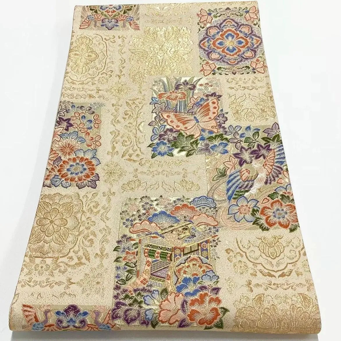 6699# Japanese Vintage Fukuro Obi Belt Kimono Fabric Silk Traditional Gold