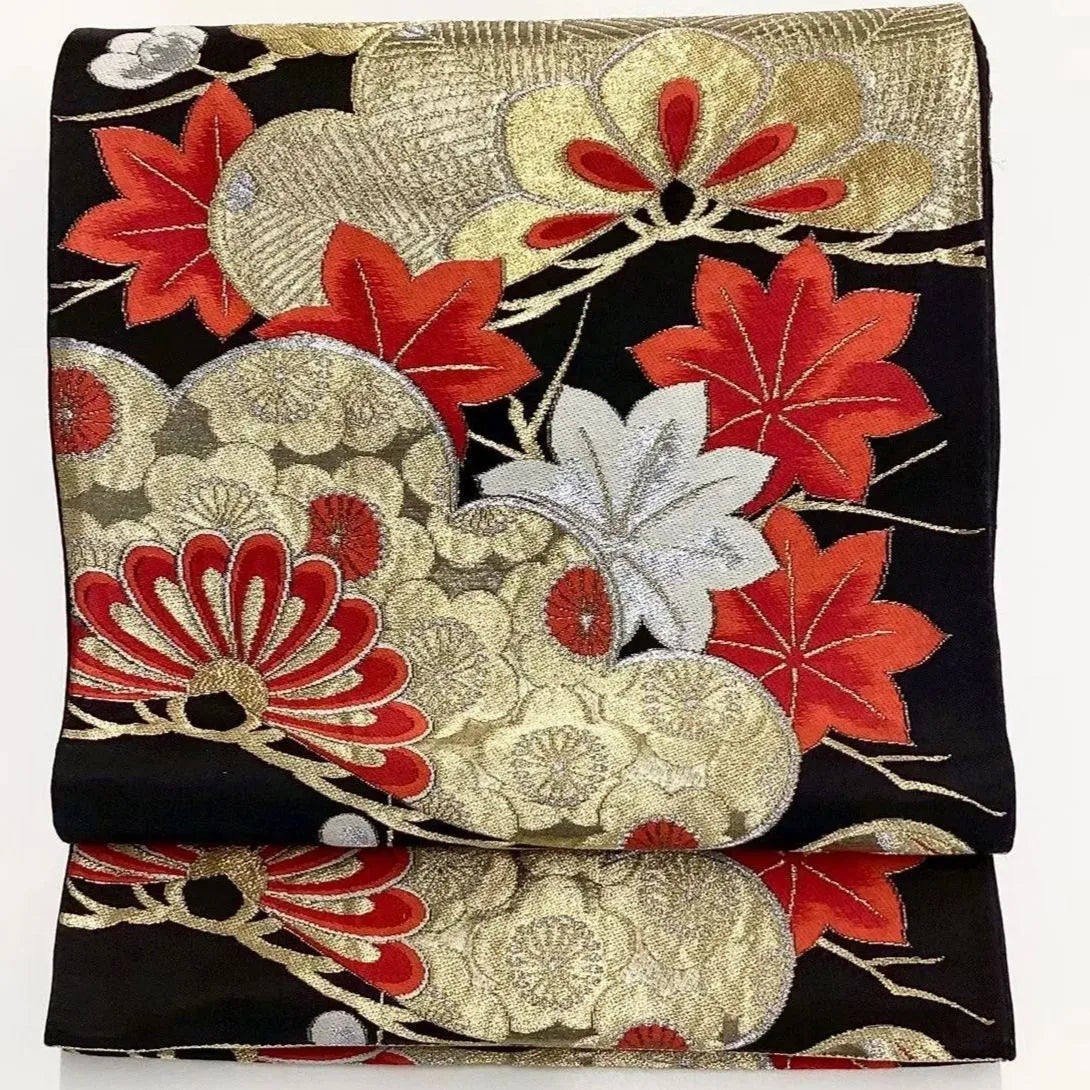 6700# Japanese Vintage Fukuro Obi Belt Kimono Fabric Silk Traditional Black